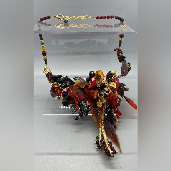 Jewelry - Glass beads leaves, asymmetrical necklace. Gold wrapped wire, glass components.